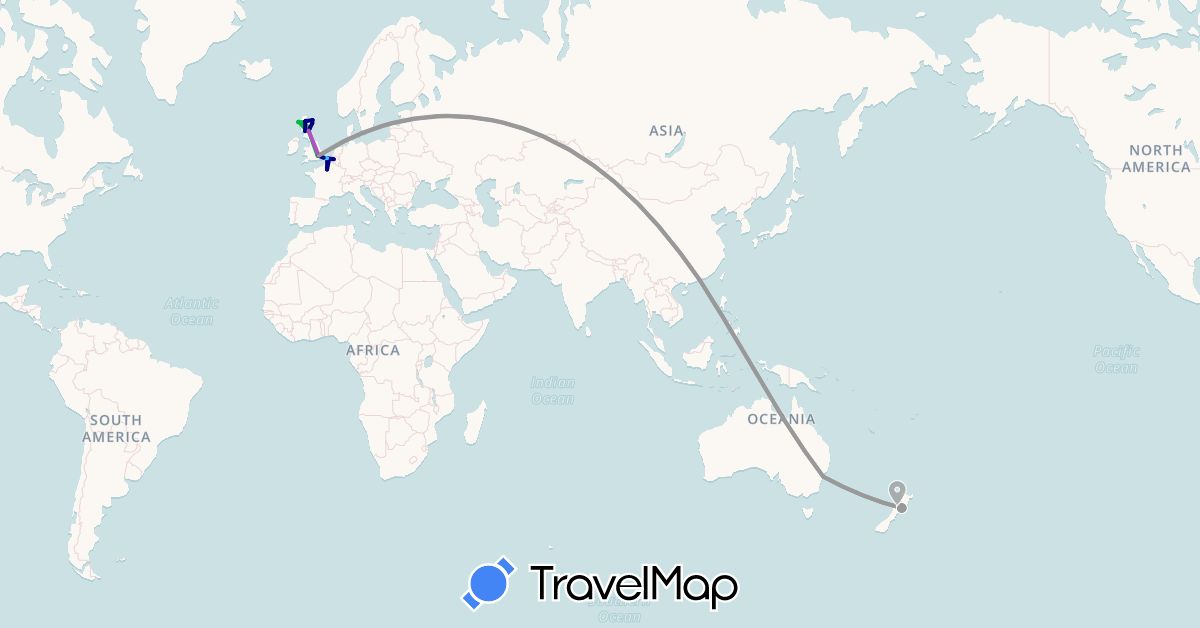 TravelMap itinerary: driving, bus, plane, train, boat in Australia, Belgium, China, France, United Kingdom, New Zealand (Asia, Europe, Oceania)